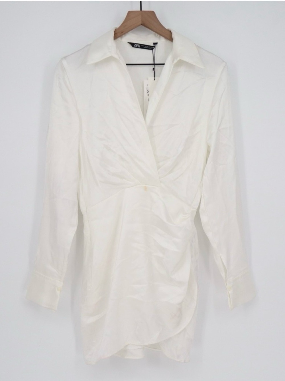 ZARA- Med White- Cream Satin Wrap-Front Long Sleeve Button Down Minidress
